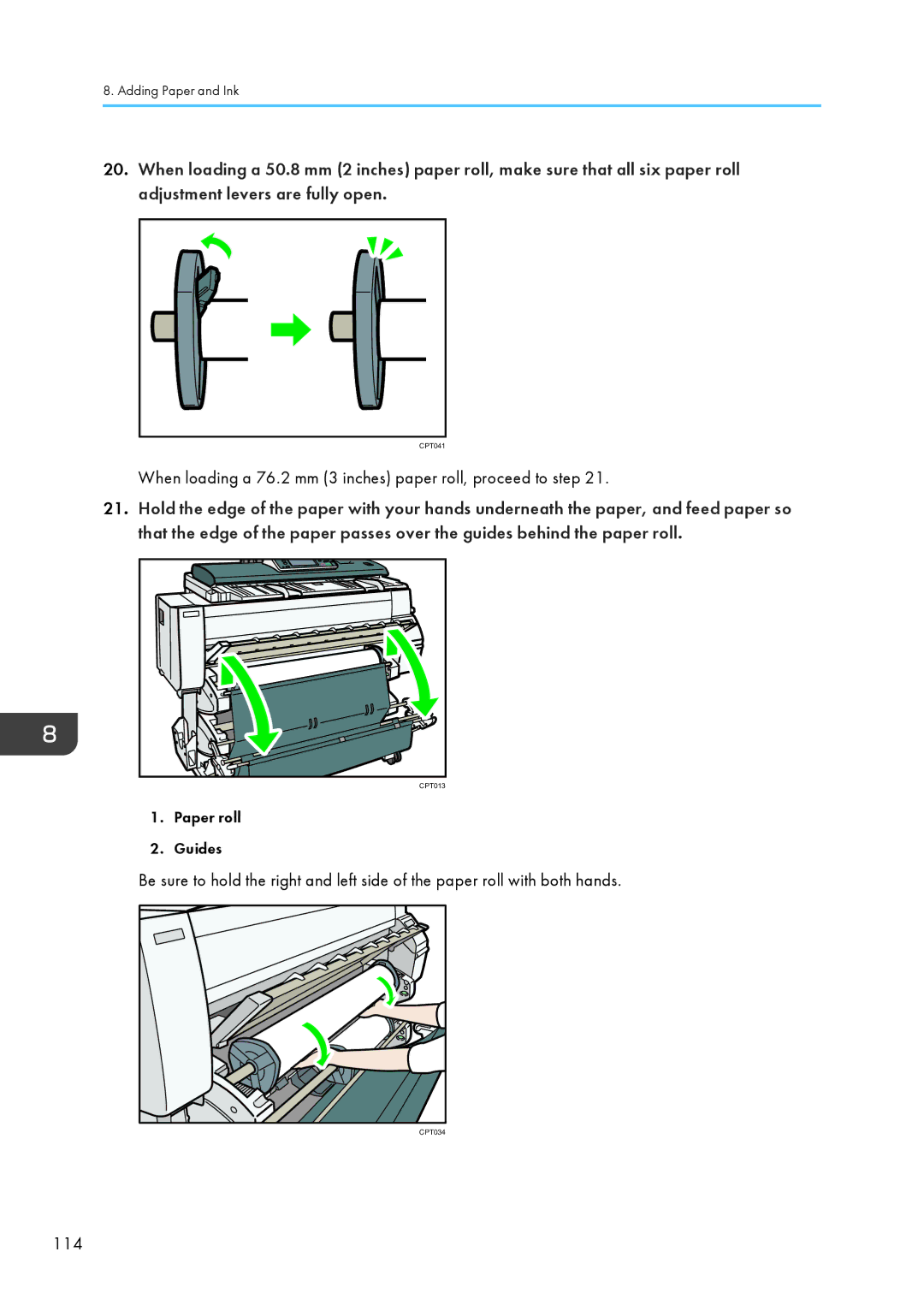 Lanier CW2200SP, MP CW2200/MP appendix When loading a 76.2 mm 3 inches paper roll, proceed to step, 114 