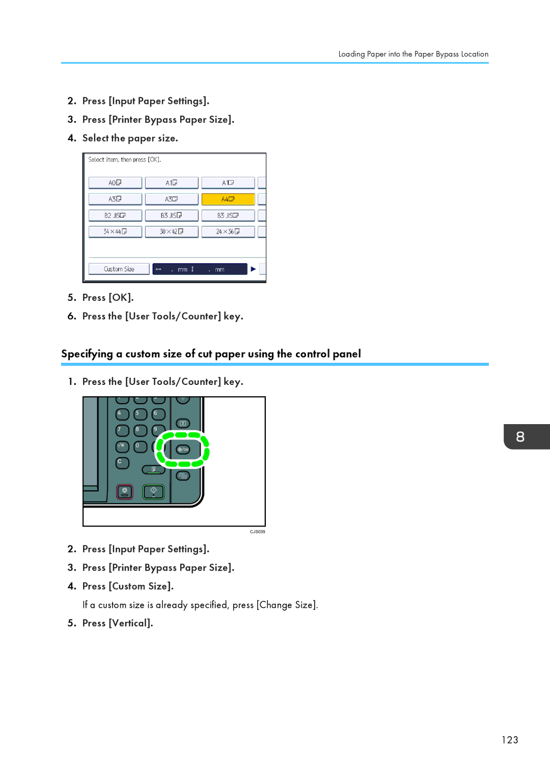 Lanier MP CW2200/MP, CW2200SP appendix If a custom size is already specified, press Change Size, 123 