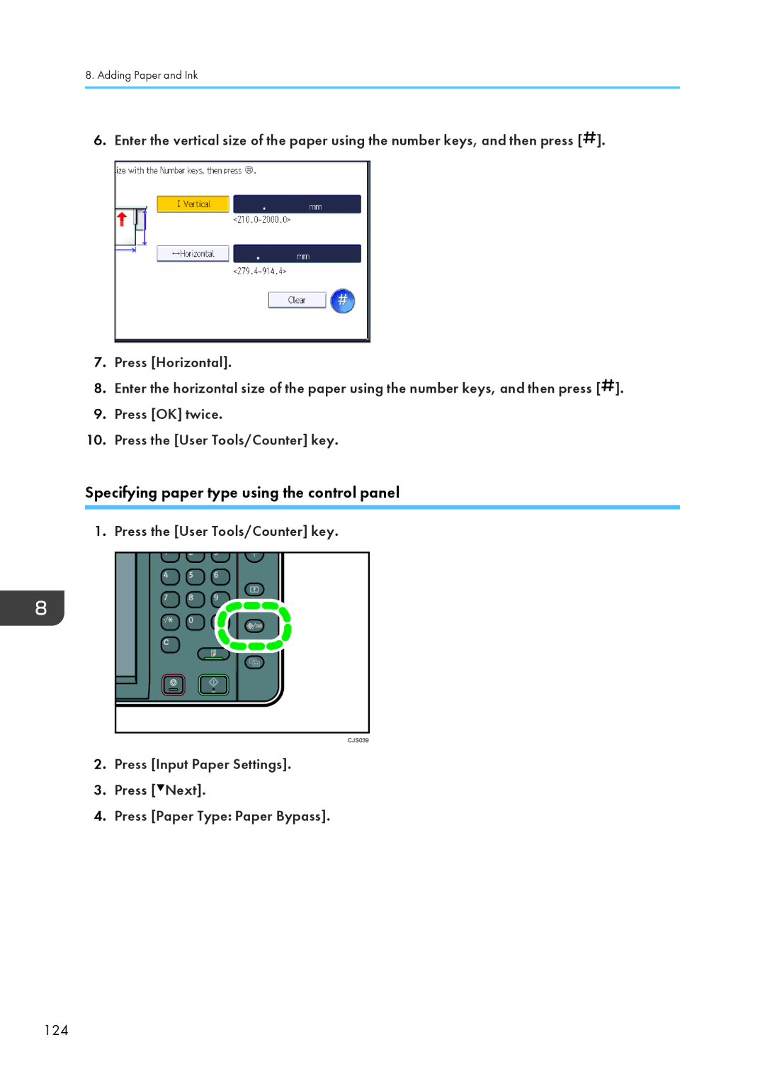 Lanier CW2200SP, MP CW2200/MP appendix Specifying paper type using the control panel, 124 