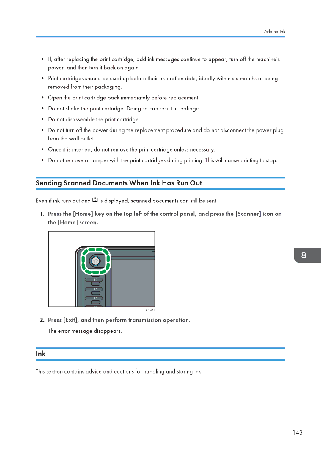 Lanier MP CW2200/MP, CW2200SP appendix Sending Scanned Documents When Ink Has Run Out 