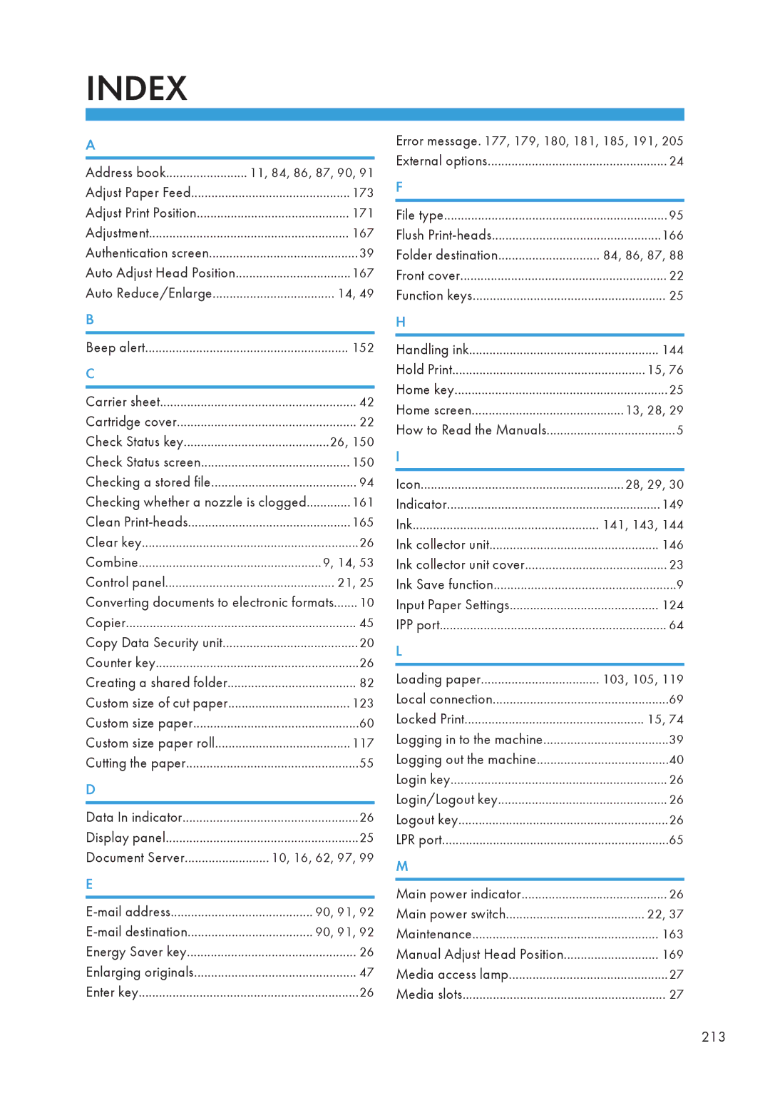 Lanier MP CW2200/MP, CW2200SP appendix Index 