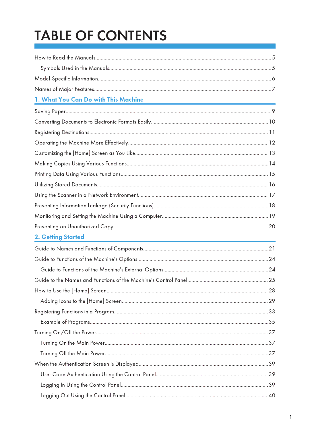 Lanier MP CW2200/MP, CW2200SP appendix Table of Contents 