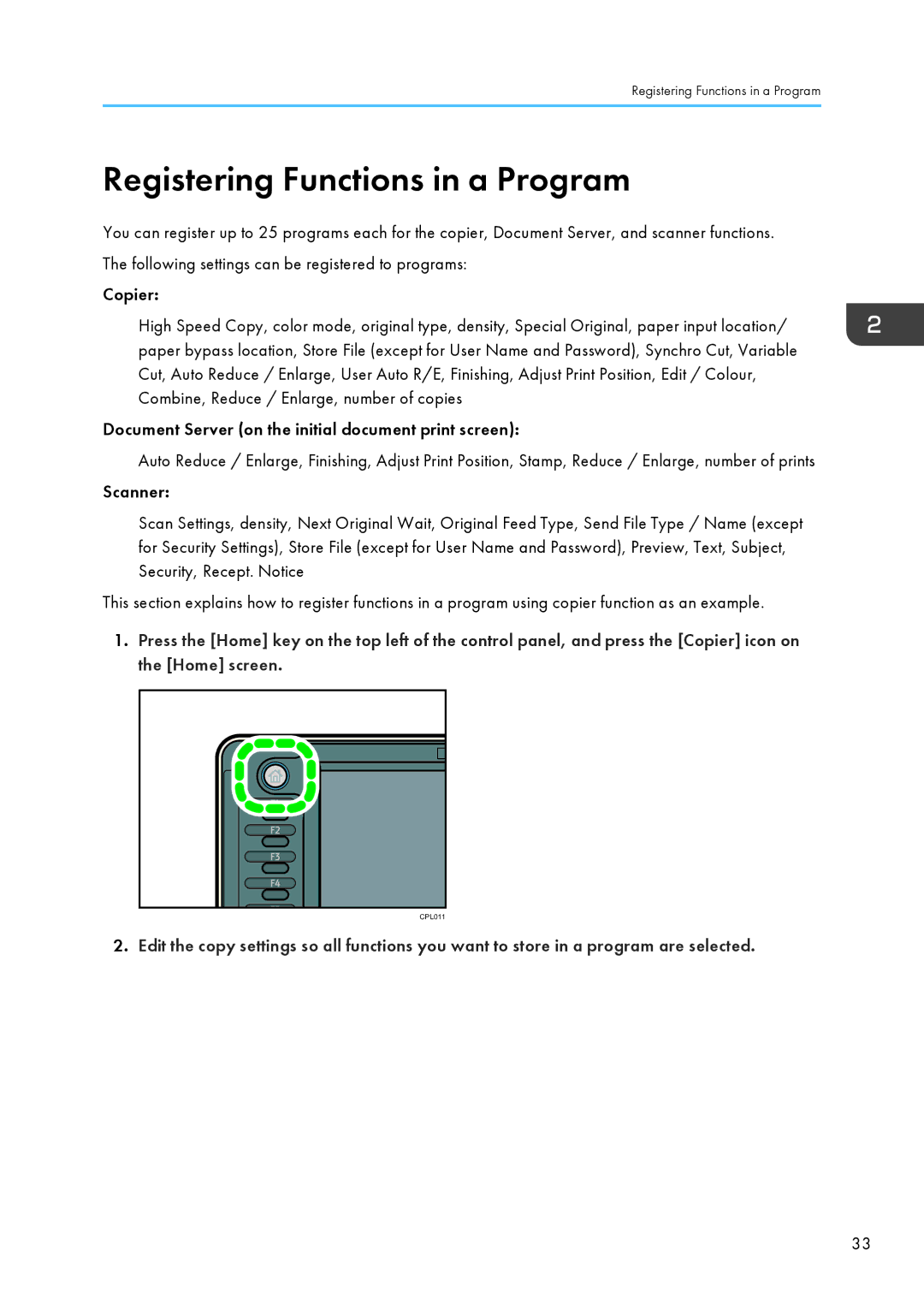 Lanier MP CW2200/MP, CW2200SP appendix Registering Functions in a Program 