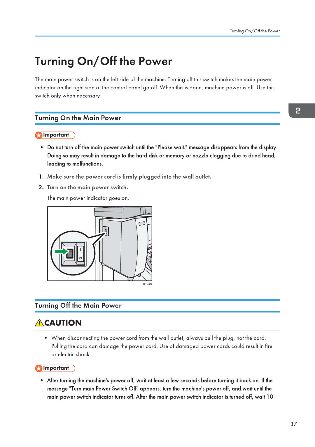 Lanier MP CW2200/MP, CW2200SP appendix Turning On/Off the Power, Turning On the Main Power, Turning Off the Main Power 