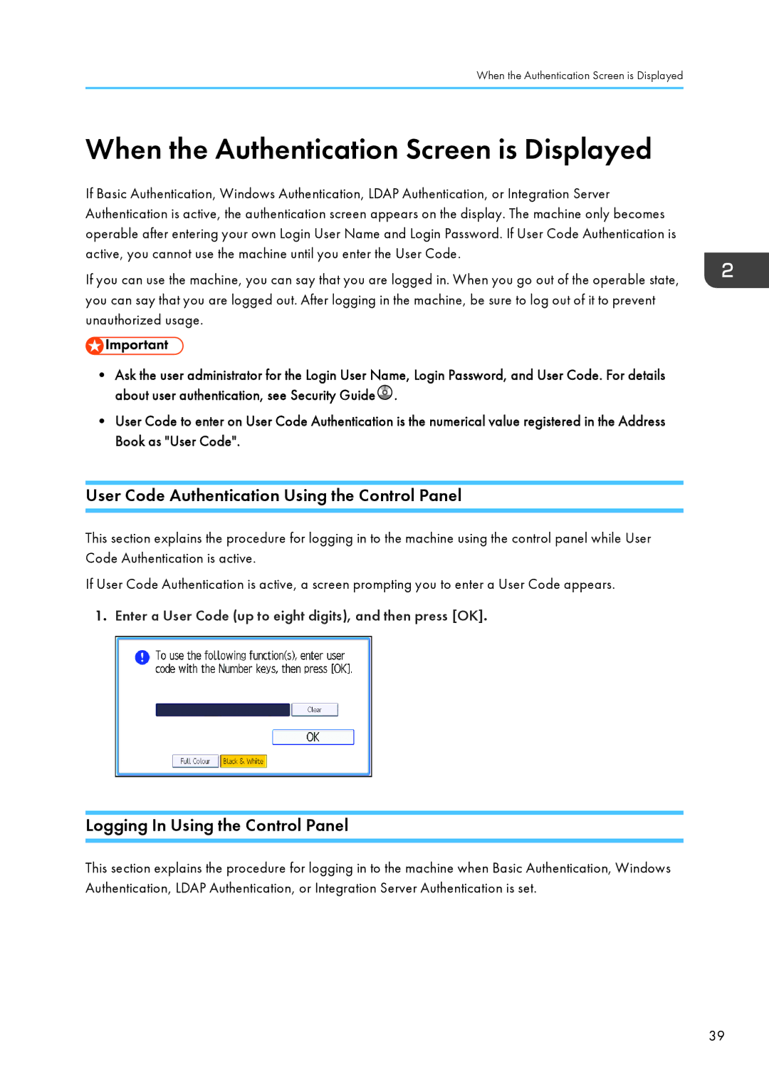 Lanier MP CW2200/MP appendix When the Authentication Screen is Displayed, User Code Authentication Using the Control Panel 