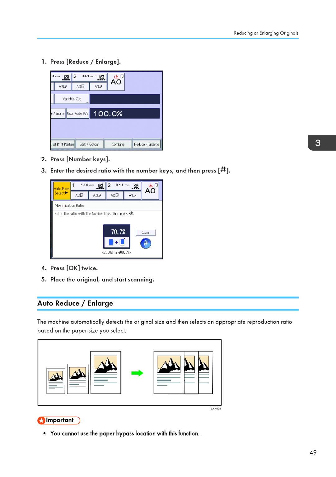 Lanier MP CW2200/MP, CW2200SP appendix Auto Reduce / Enlarge, You cannot use the paper bypass location with this function 