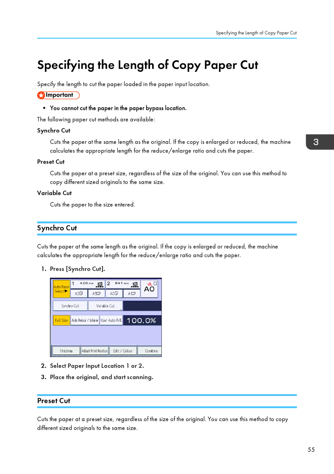 Lanier MP CW2200/MP, CW2200SP appendix Specifying the Length of Copy Paper Cut, Synchro Cut, Preset Cut 