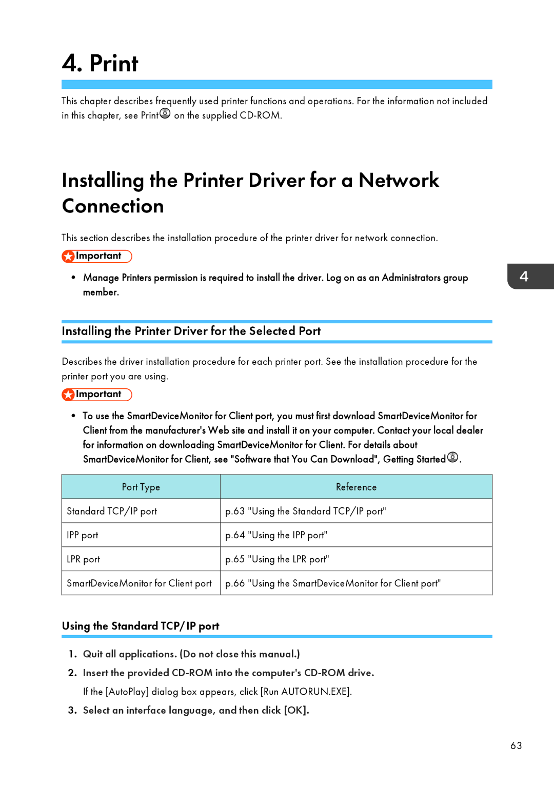 Lanier MP CW2200/MP, CW2200SP Installing the Printer Driver for a Network Connection, Using the Standard TCP/IP port 