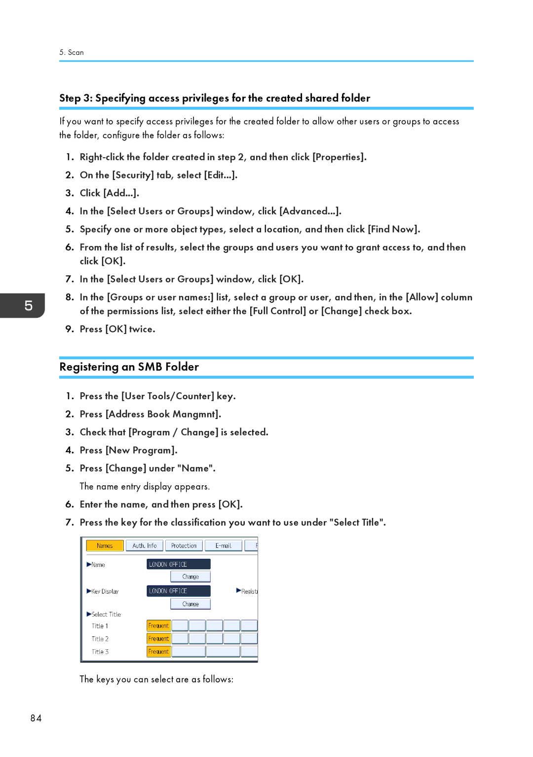 Lanier CW2200SP, MP CW2200/MP appendix Registering an SMB Folder, Specifying access privileges for the created shared folder 