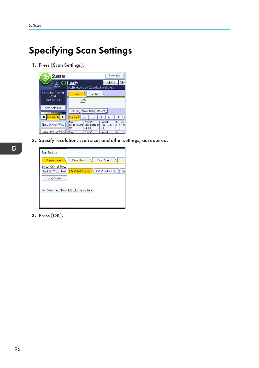 Lanier CW2200SP, MP CW2200/MP appendix Specifying Scan Settings 