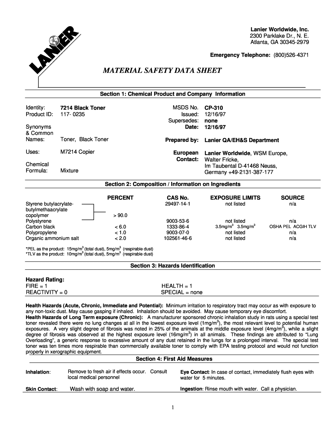 Lanier DF-4 manual Material Safety Data Sheet 