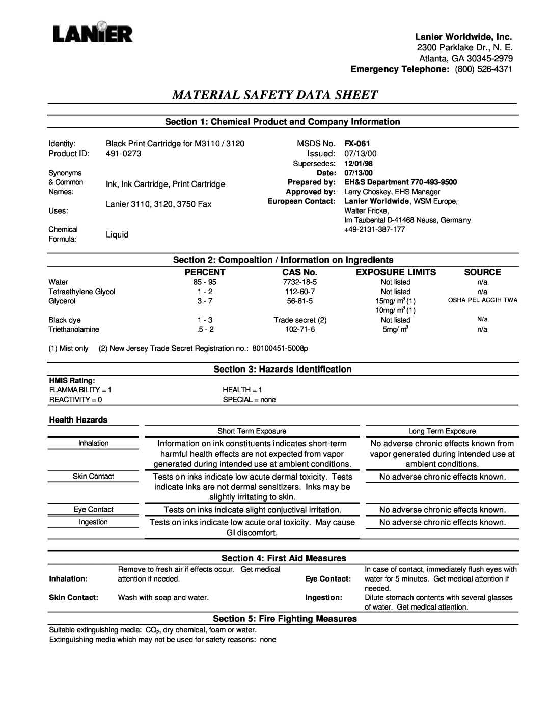 Lanier FX-061 manual Material Safety Data Sheet 