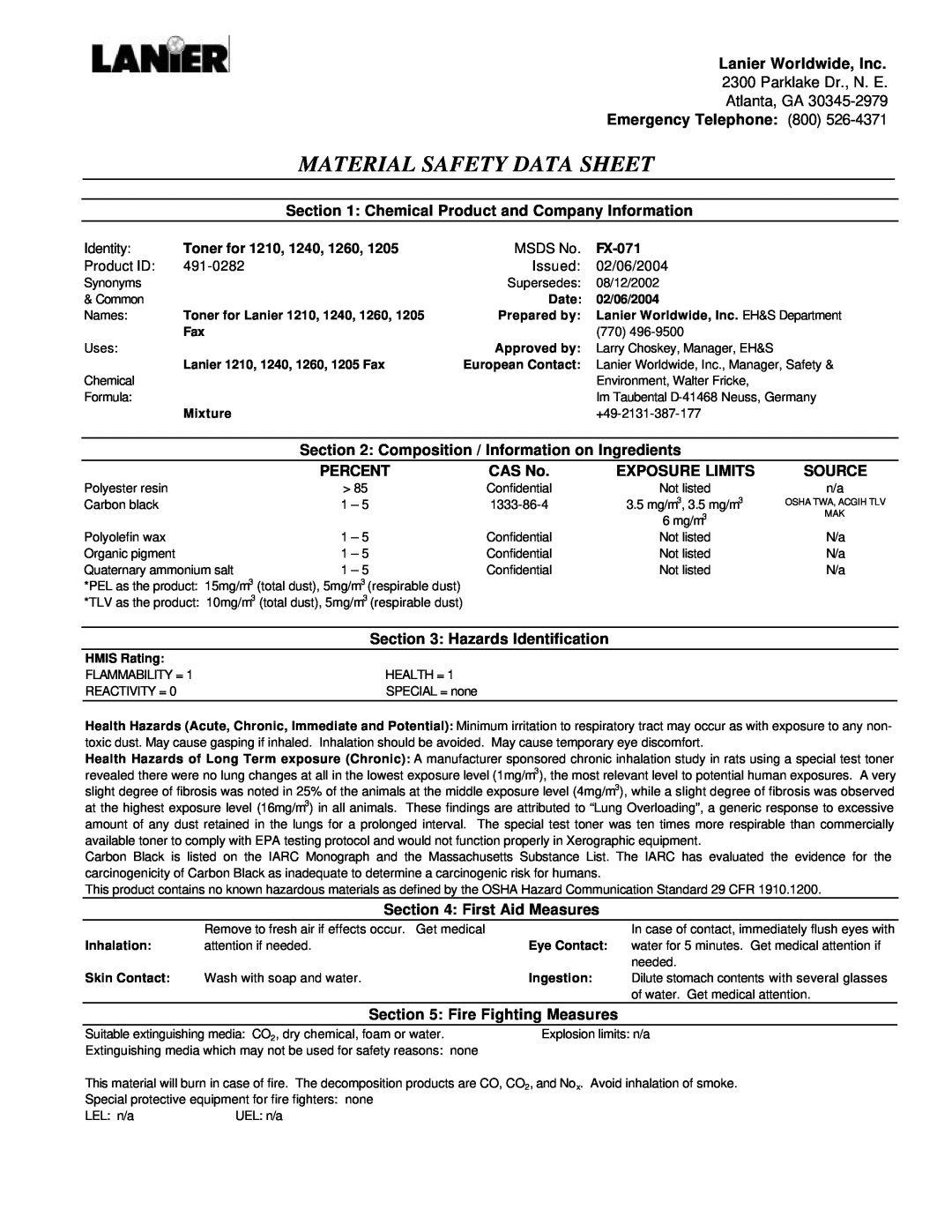 Lanier FX-071 manual Material Safety Data Sheet 