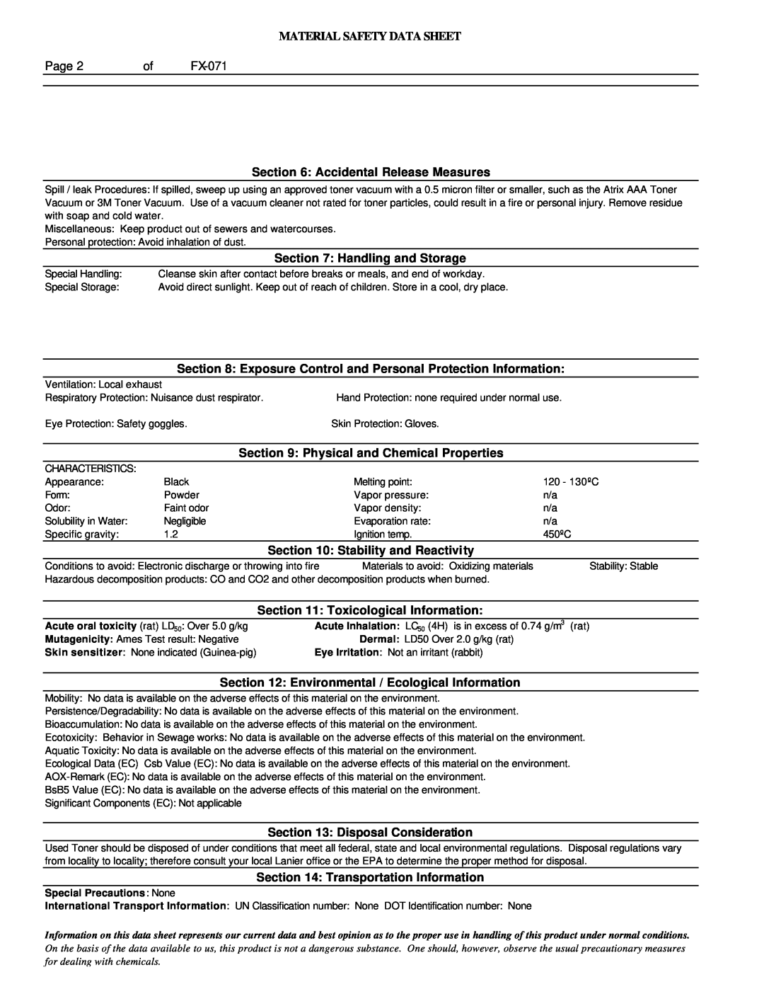 Lanier FX-071 Material Safety Data Sheet, Page, Accidental Release Measures, Handling and Storage, Disposal Consideration 