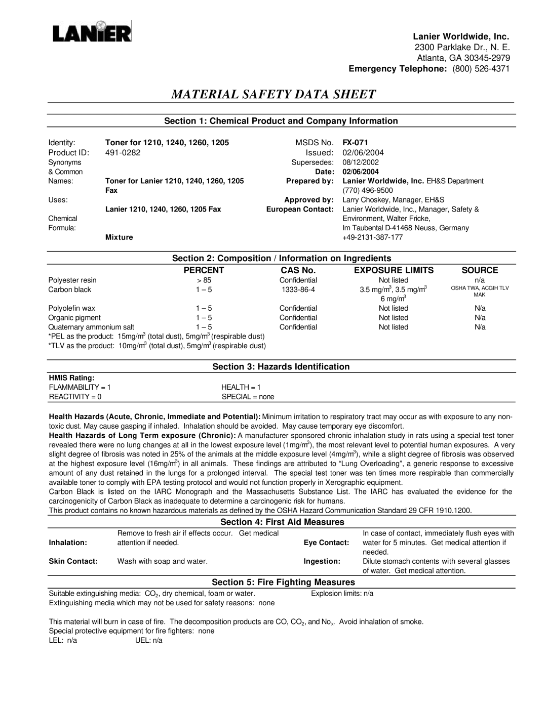 Lanier FX-071 manual Lanier Worldwide, Inc, Emergency Telephone 800, Chemical Product and Company Information, CAS No 