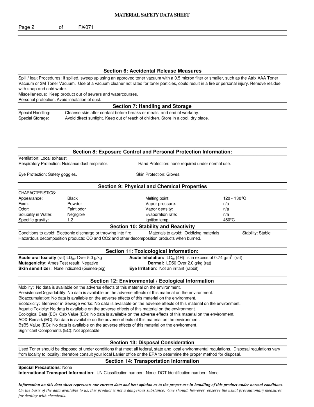 Lanier FX-071 Accidental Release Measures, Handling and Storage, Exposure Control and Personal Protection Information 