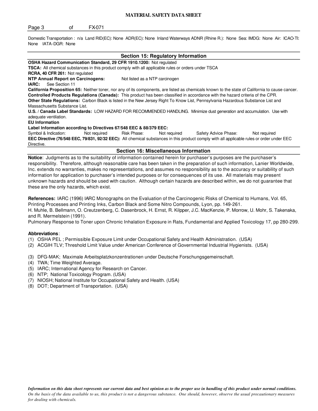 Lanier FX-071 manual Regulatory Information, Miscellaneous Information 