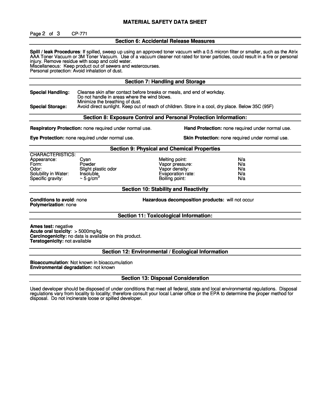 Lanier G08 Material Safety Data Sheet, Accidental Release Measures, Handling and Storage, Physical and Chemical Properties 