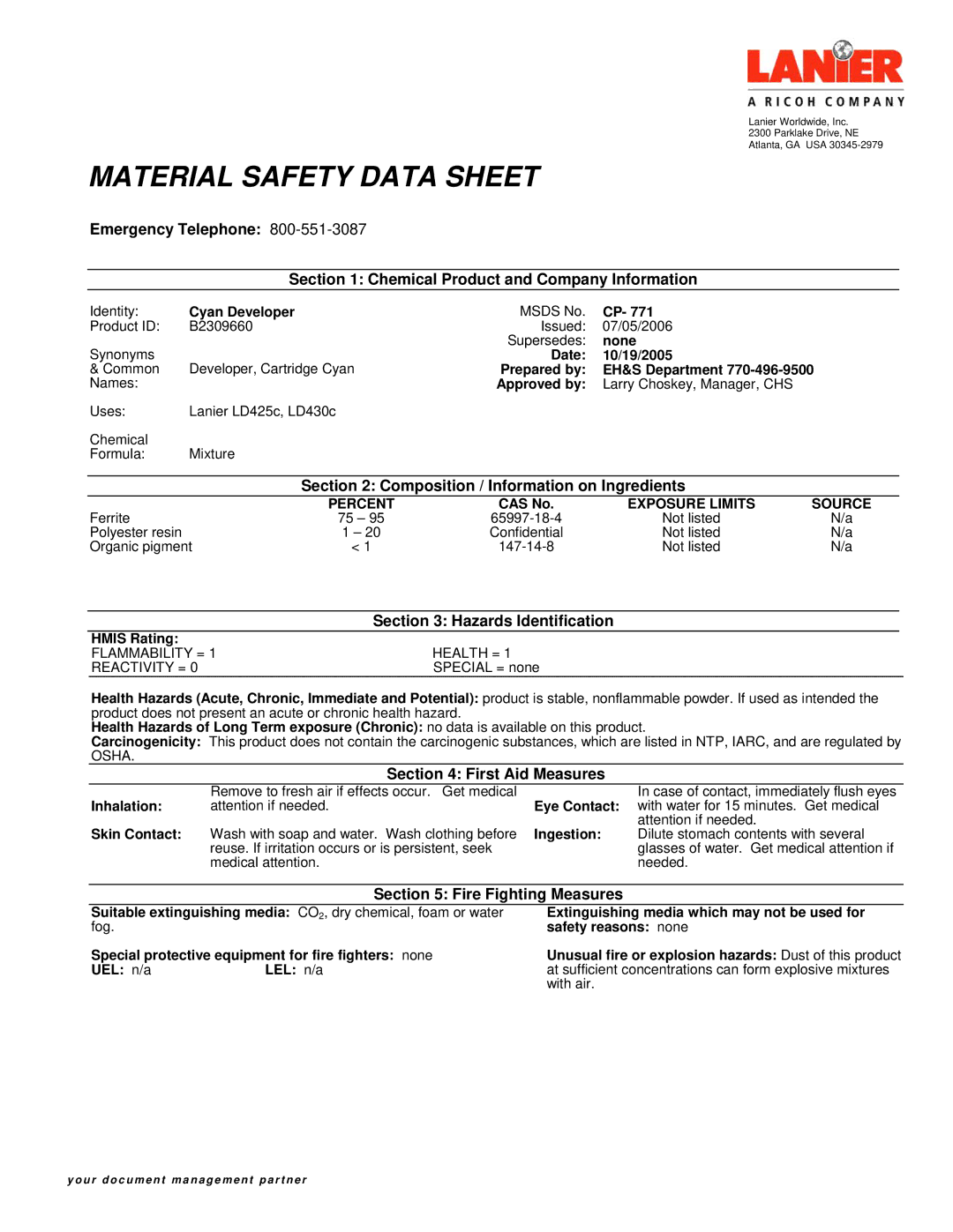 Lanier G08 manual Composition / Information on Ingredients, Hazards Identification, First Aid Measures 