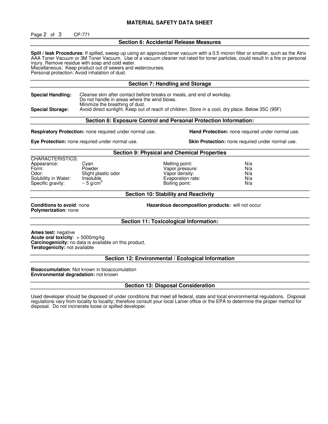 Lanier G08 manual Accidental Release Measures, Handling and Storage, Exposure Control and Personal Protection Information 