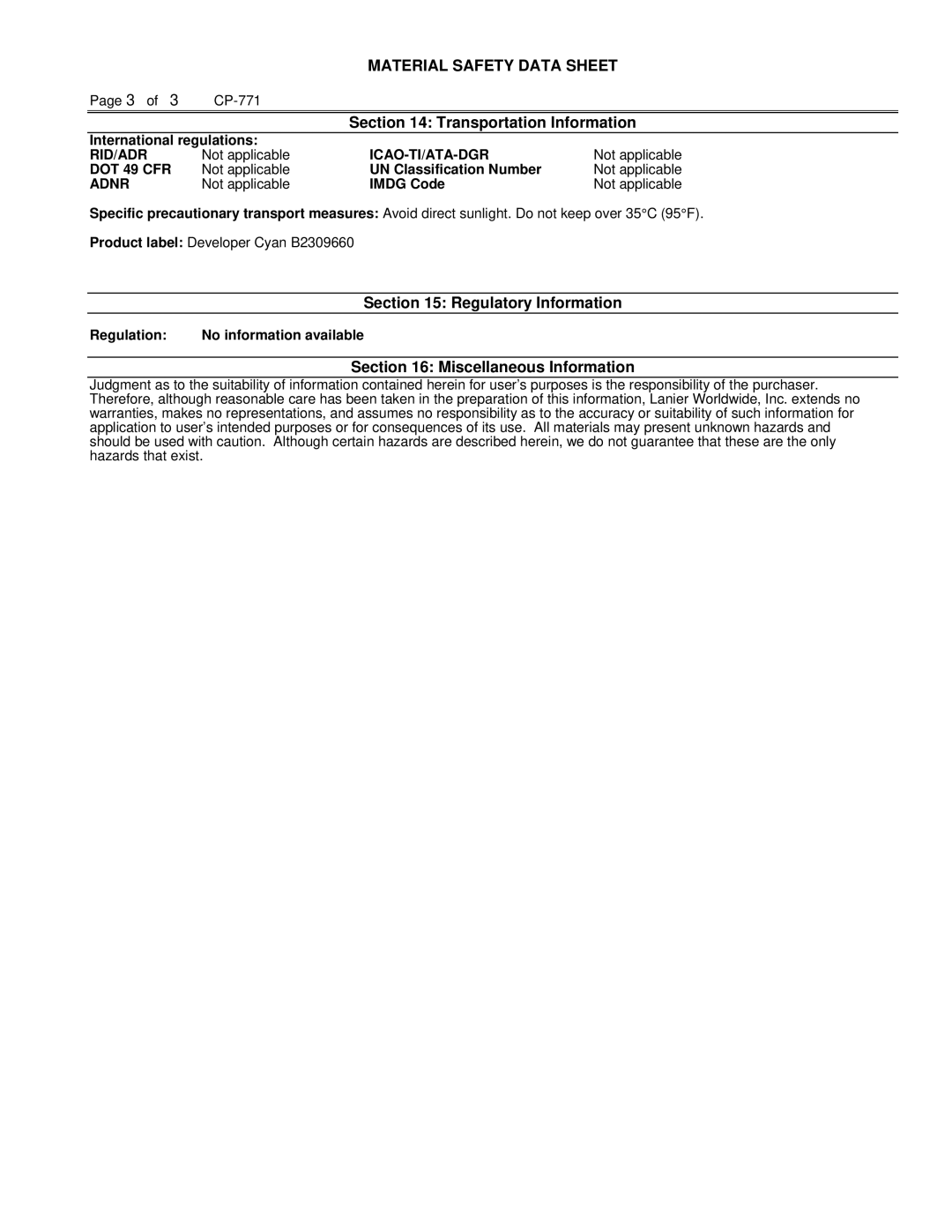 Lanier G08 manual Transportation Information, Regulatory Information, Miscellaneous Information 