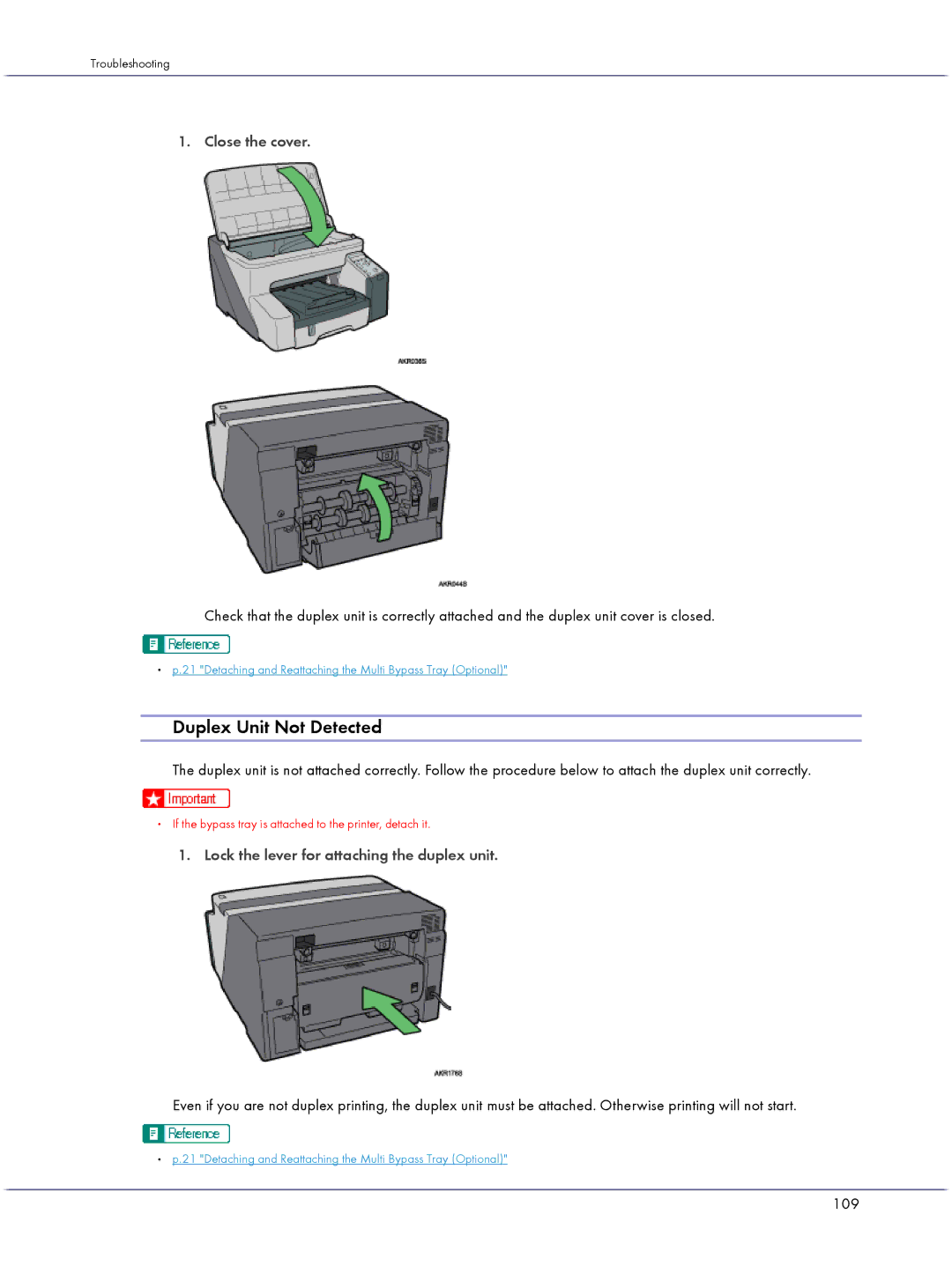 Lanier GX3000 manual Duplex Unit Not Detected, Close the cover, Lock the lever for attaching the duplex unit, 109 