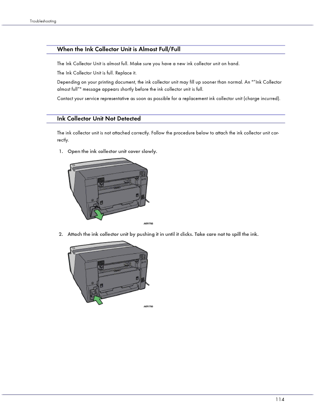 Lanier GX3000 manual When the Ink Collector Unit is Almost Full/Full, Ink Collector Unit Not Detected, 114 