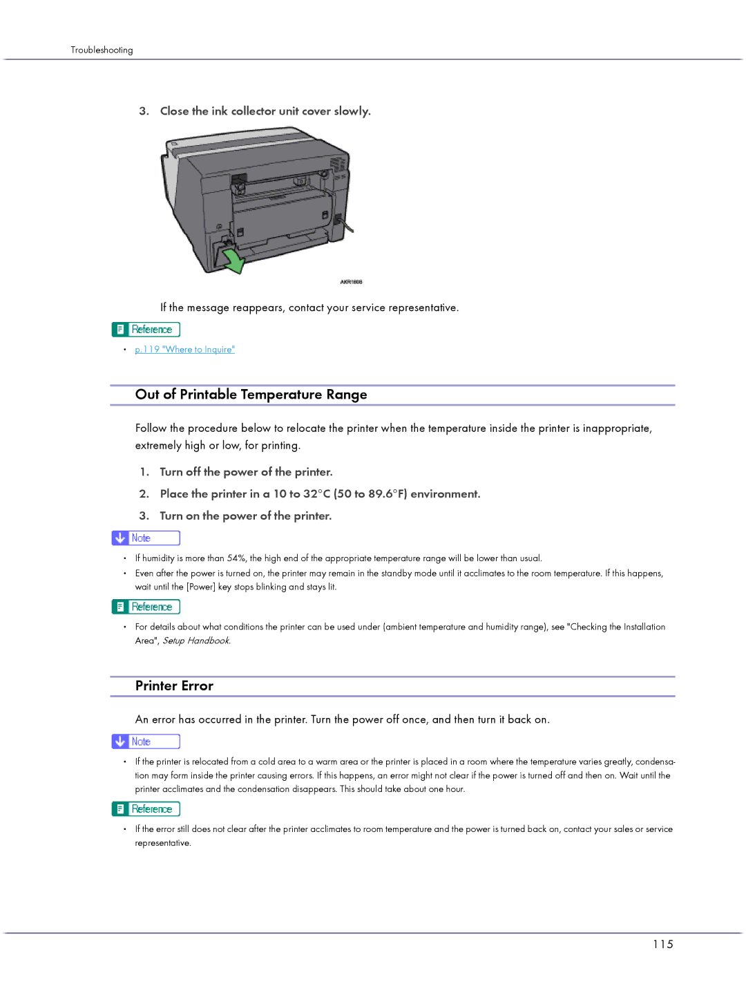 Lanier GX3000 manual Out of Printable Temperature Range, Printer Error, Close the ink collector unit cover slowly, 115 