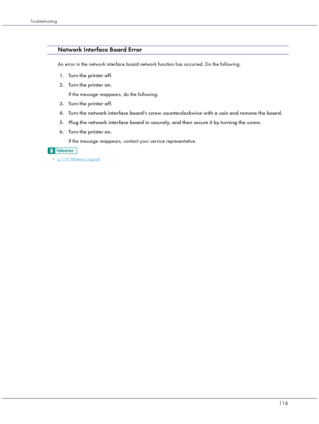 Lanier GX3000 manual Network Interface Board Error, Turn the printer off Turn the printer on, 116 