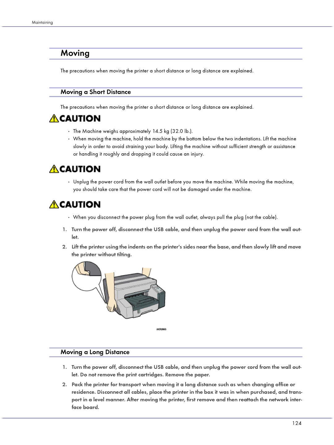 Lanier GX3000 manual Moving a Short Distance, Moving a Long Distance, 124 