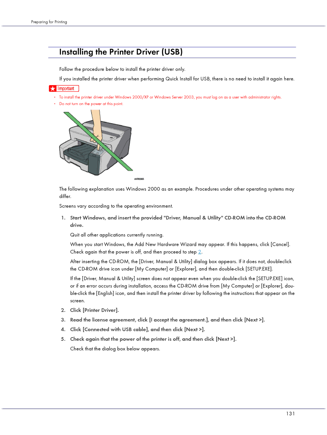 Lanier GX3000 manual Installing the Printer Driver USB, 131 