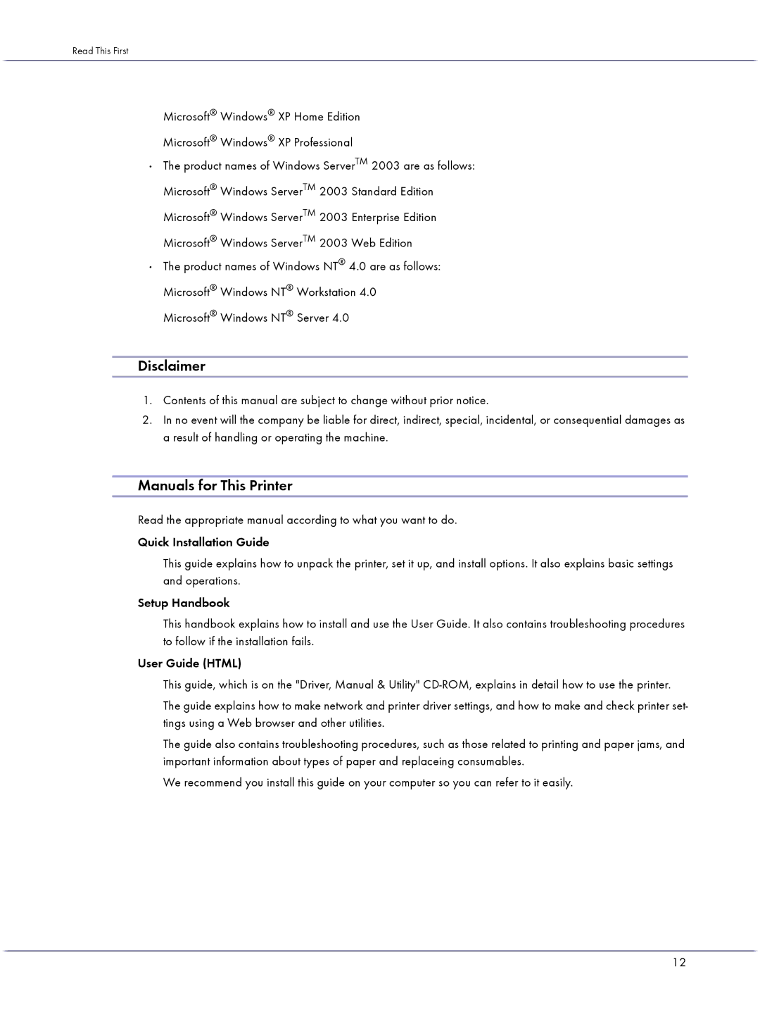 Lanier GX3000 manual Disclaimer, Manuals for This Printer 