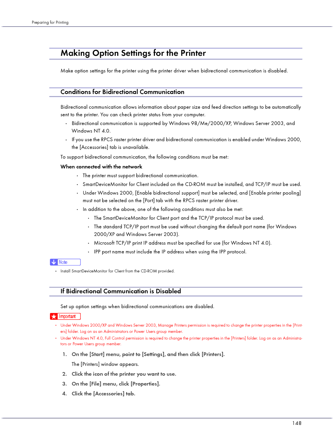 Lanier GX3000 manual Making Option Settings for the Printer, Conditions for Bidirectional Communication, 148 