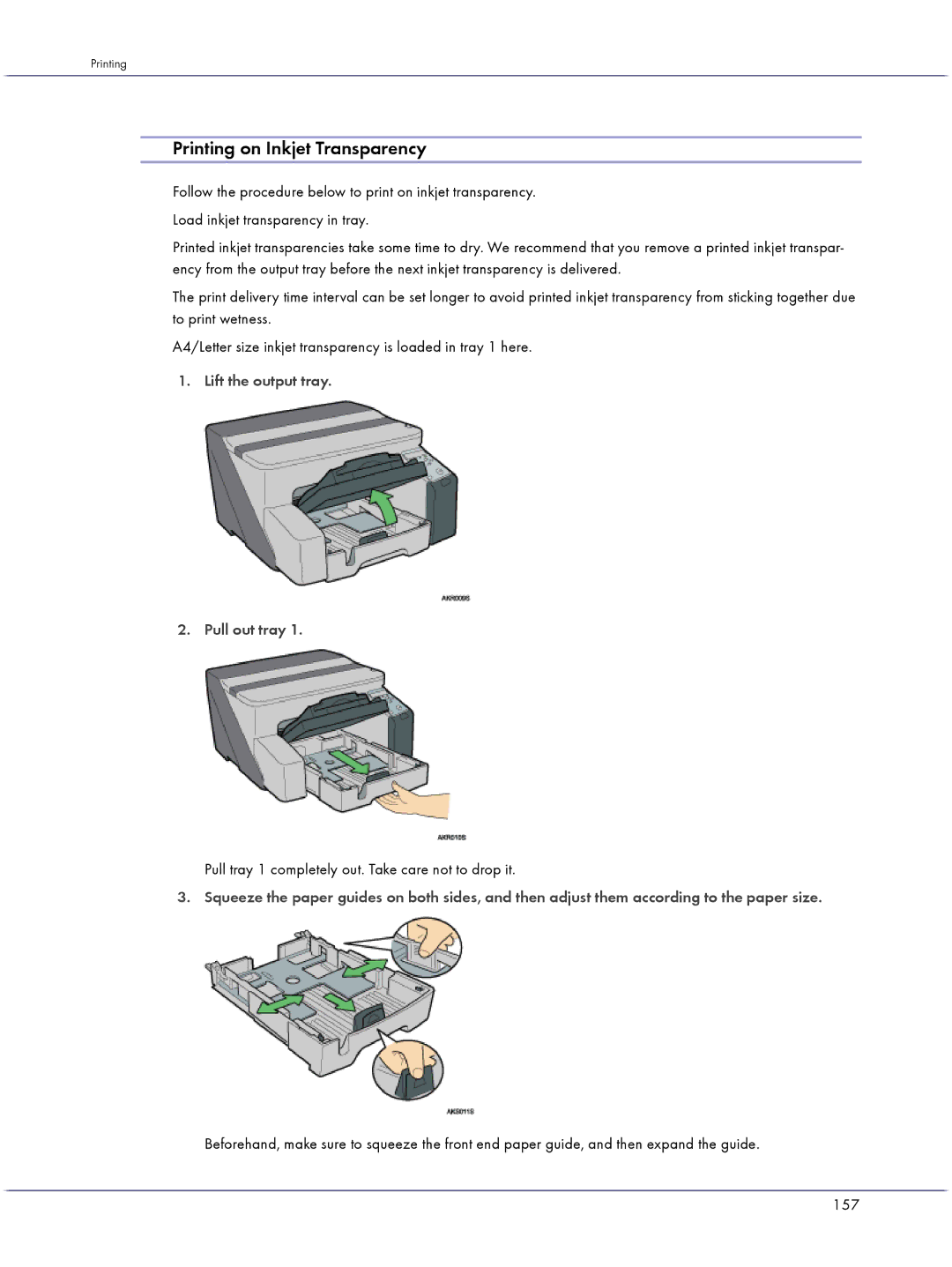 Lanier GX3000 manual Printing on Inkjet Transparency, Lift the output tray Pull out tray 