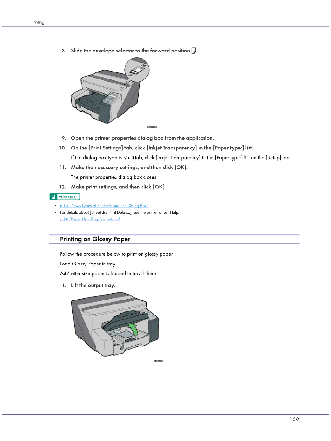 Lanier GX3000 manual Printing on Glossy Paper, Lift the output tray, 159 