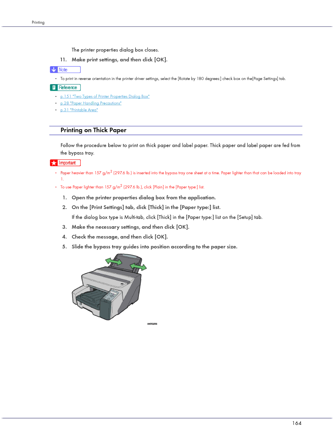 Lanier GX3000 manual Printing on Thick Paper, Printer properties dialog box closes, 164 