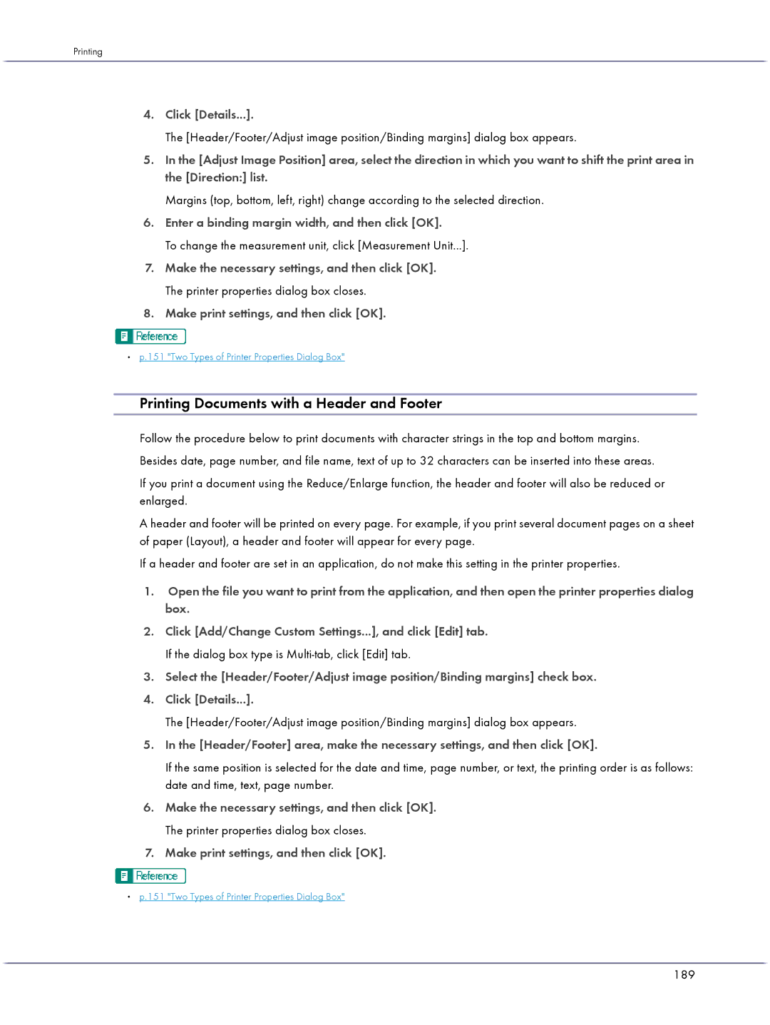 Lanier GX3000 Printing Documents with a Header and Footer, Click Details, Enter a binding margin width, and then click OK 