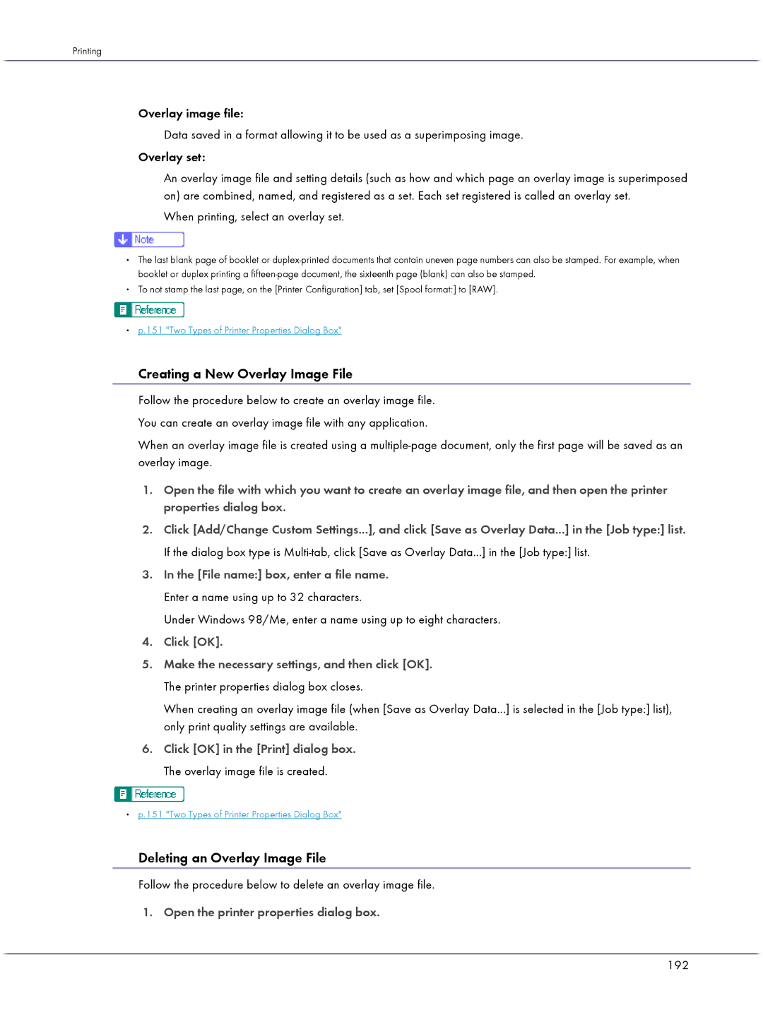 Lanier GX3000 Creating a New Overlay Image File, Deleting an Overlay Image File, When printing, select an overlay set, 192 
