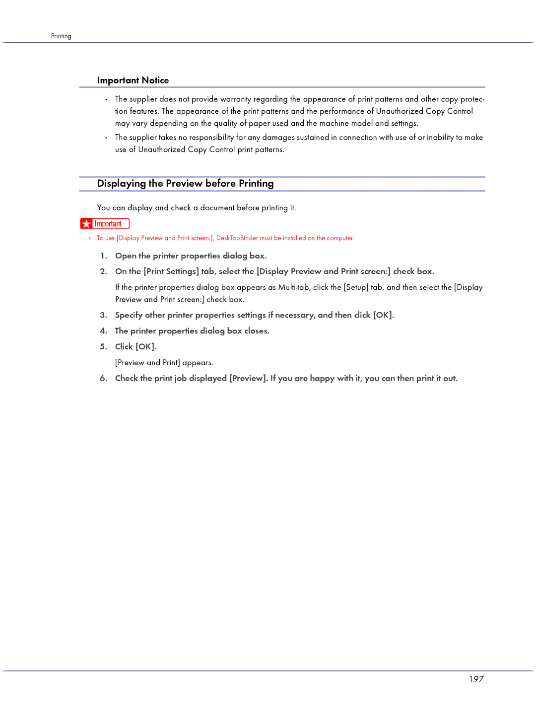 Lanier GX3000 manual Displaying the Preview before Printing, Important Notice, Preview and Print appears, 197 