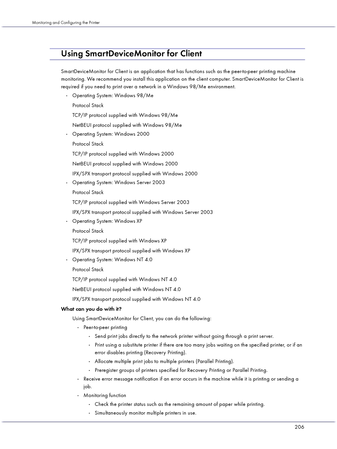 Lanier GX3000 manual Using SmartDeviceMonitor for Client, Operating System Windows 98/Me Protocol Stack 