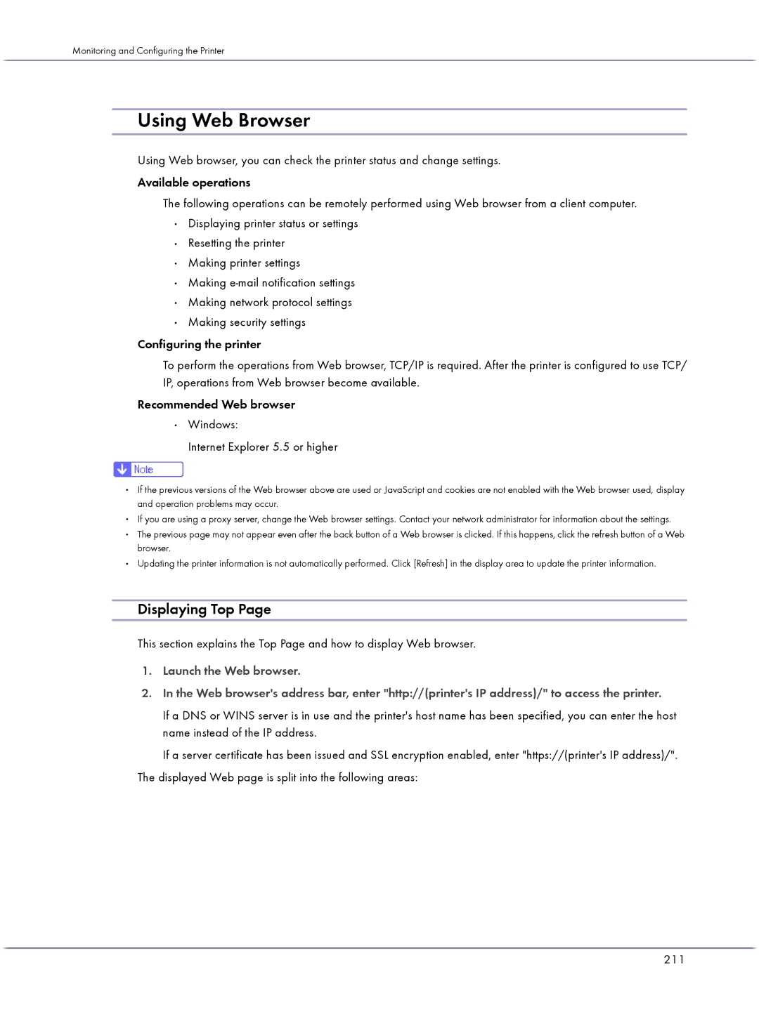 Lanier GX3000 manual Using Web Browser, Displaying Top 