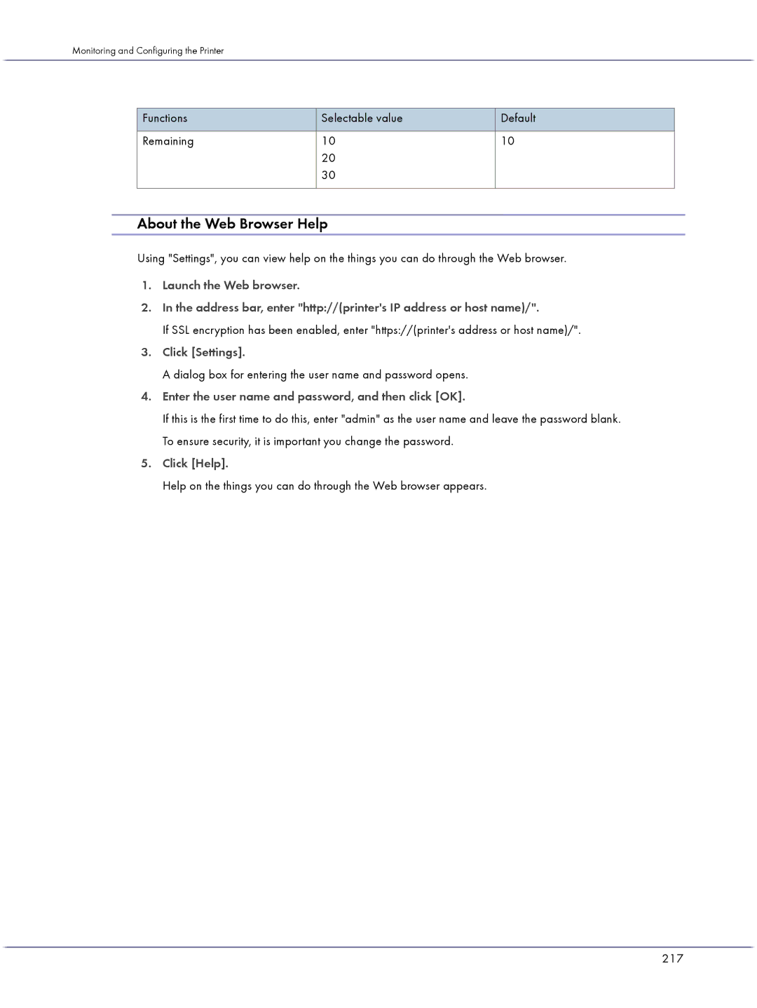 Lanier GX3000 manual About the Web Browser Help, Functions Selectable value Default Remaining, Click Help 