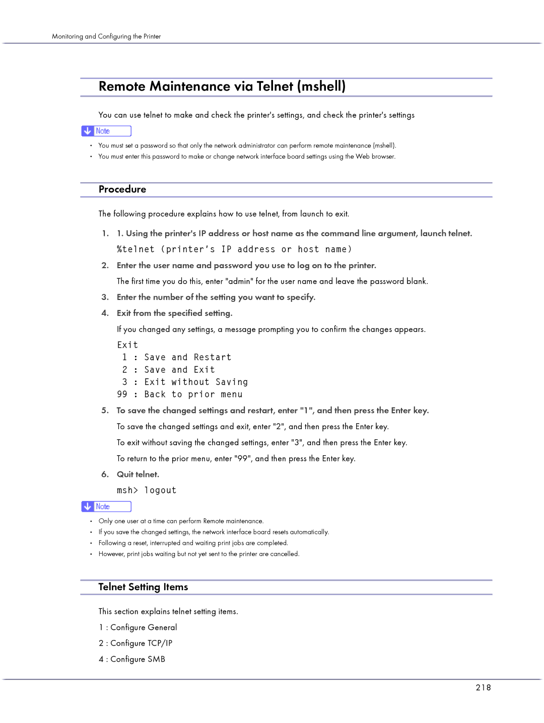 Lanier GX3000 manual Remote Maintenance via Telnet mshell, Procedure, Telnet Setting Items 