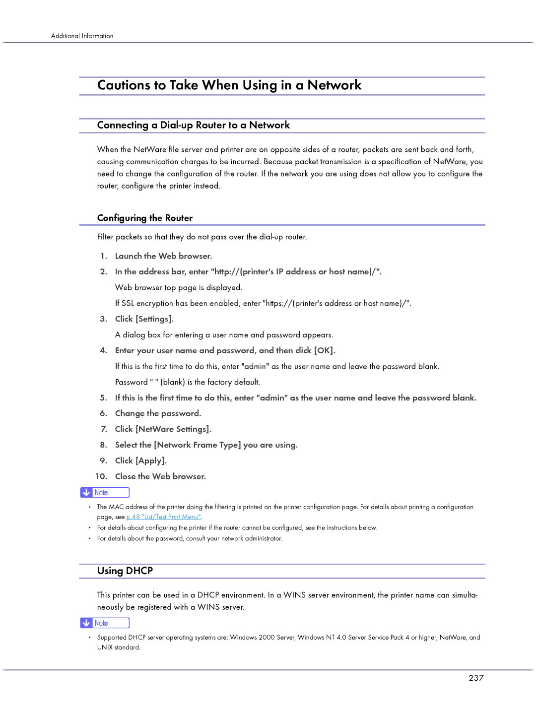 Lanier GX3000 manual Connecting a Dial-up Router to a Network, Using Dhcp, Configuring the Router, 237 