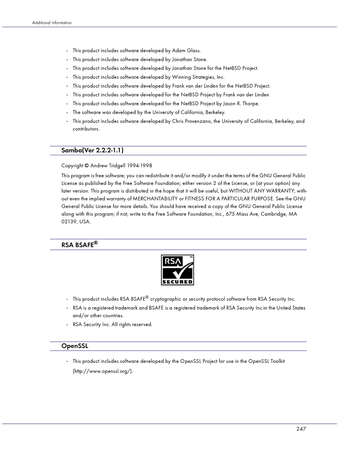 Lanier GX3000 manual SambaVer, OpenSSL, Copyright Andrew Tridgell, 247 