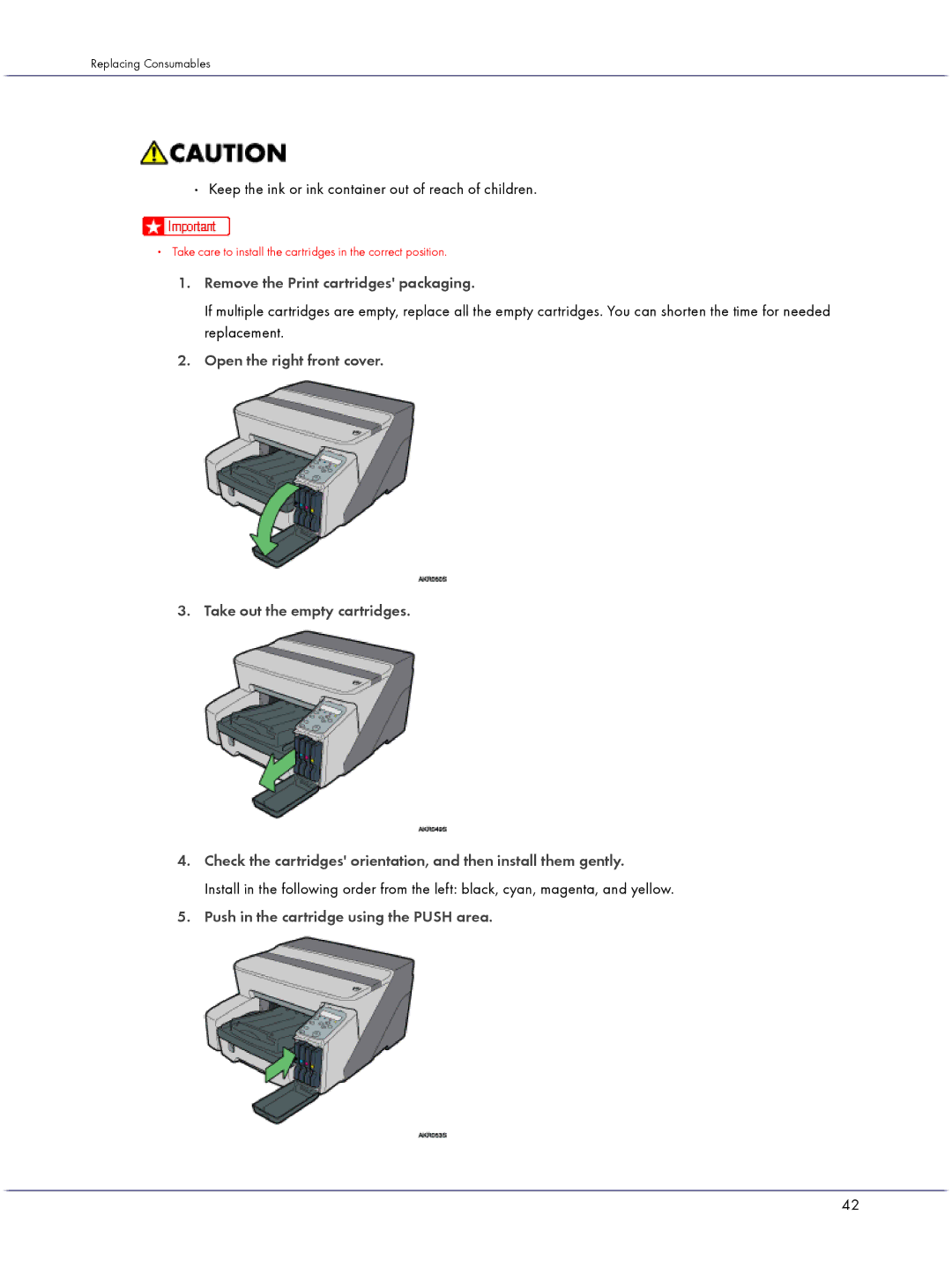 Lanier GX3000 manual Keep the ink or ink container out of reach of children, Remove the Print cartridges packaging 