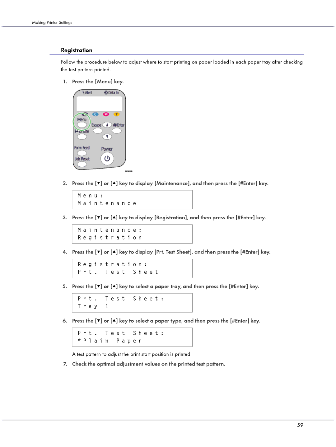 Lanier GX3000 manual Registration, Test pattern to adjust the print start position is printed 