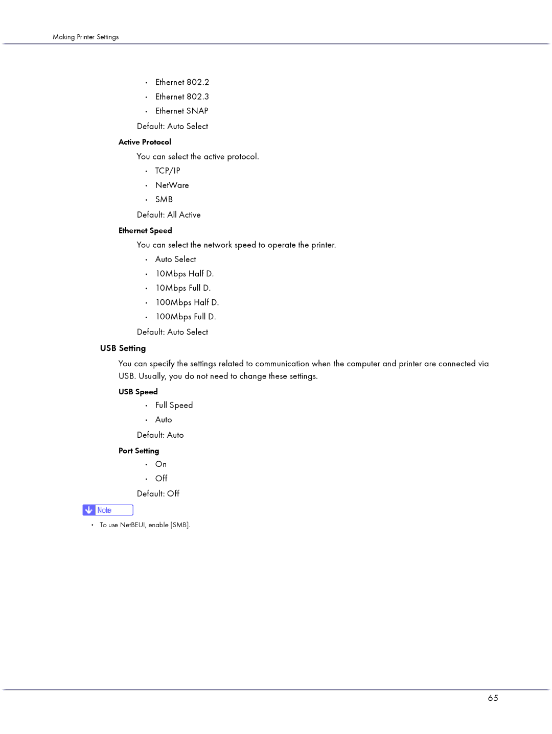 Lanier GX3000 manual Ethernet Ethernet Snap Default Auto Select, You can select the active protocol TCP/IP NetWare 