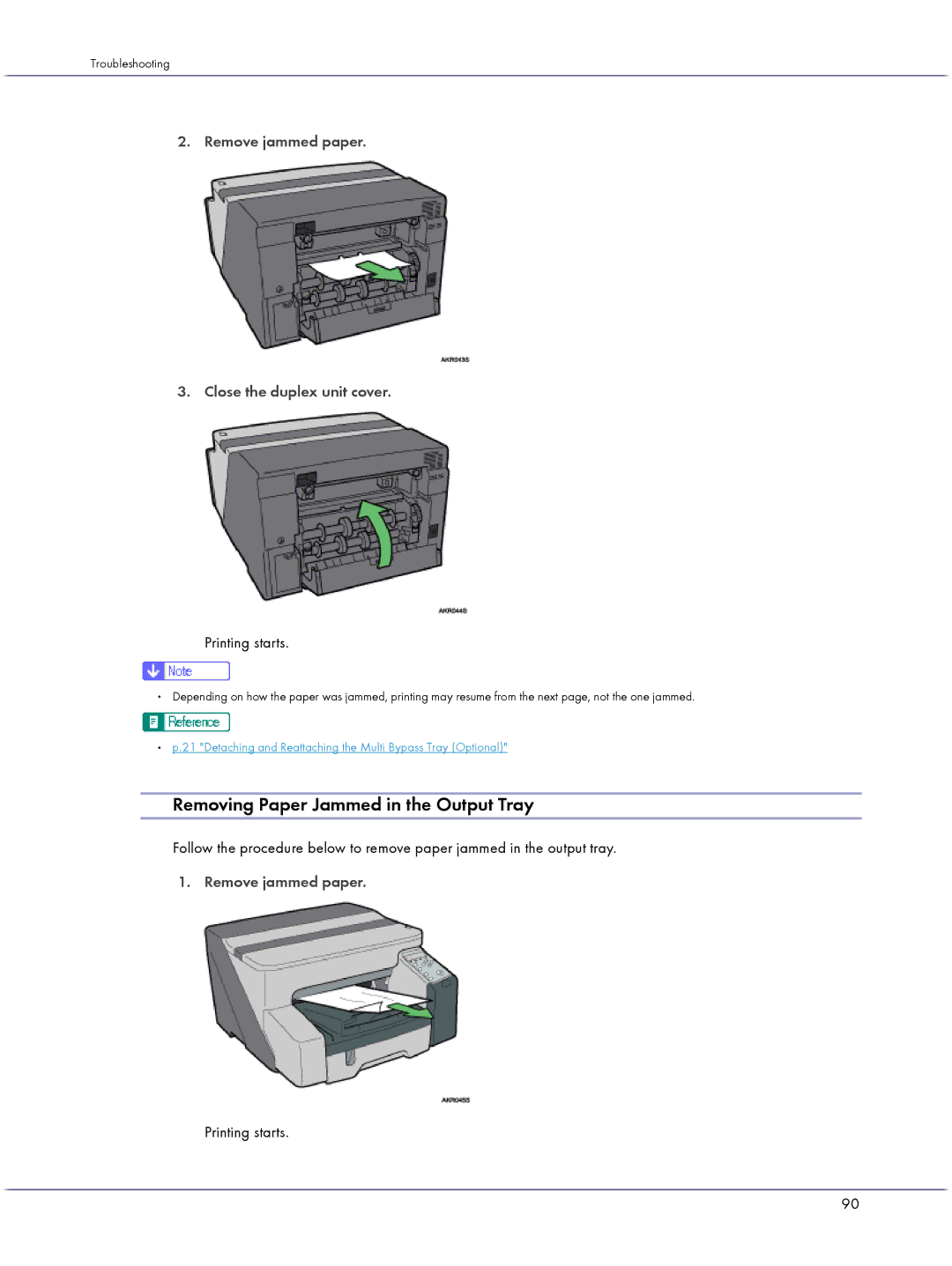 Lanier GX3000 manual Removing Paper Jammed in the Output Tray, Remove jammed paper Close the duplex unit cover 