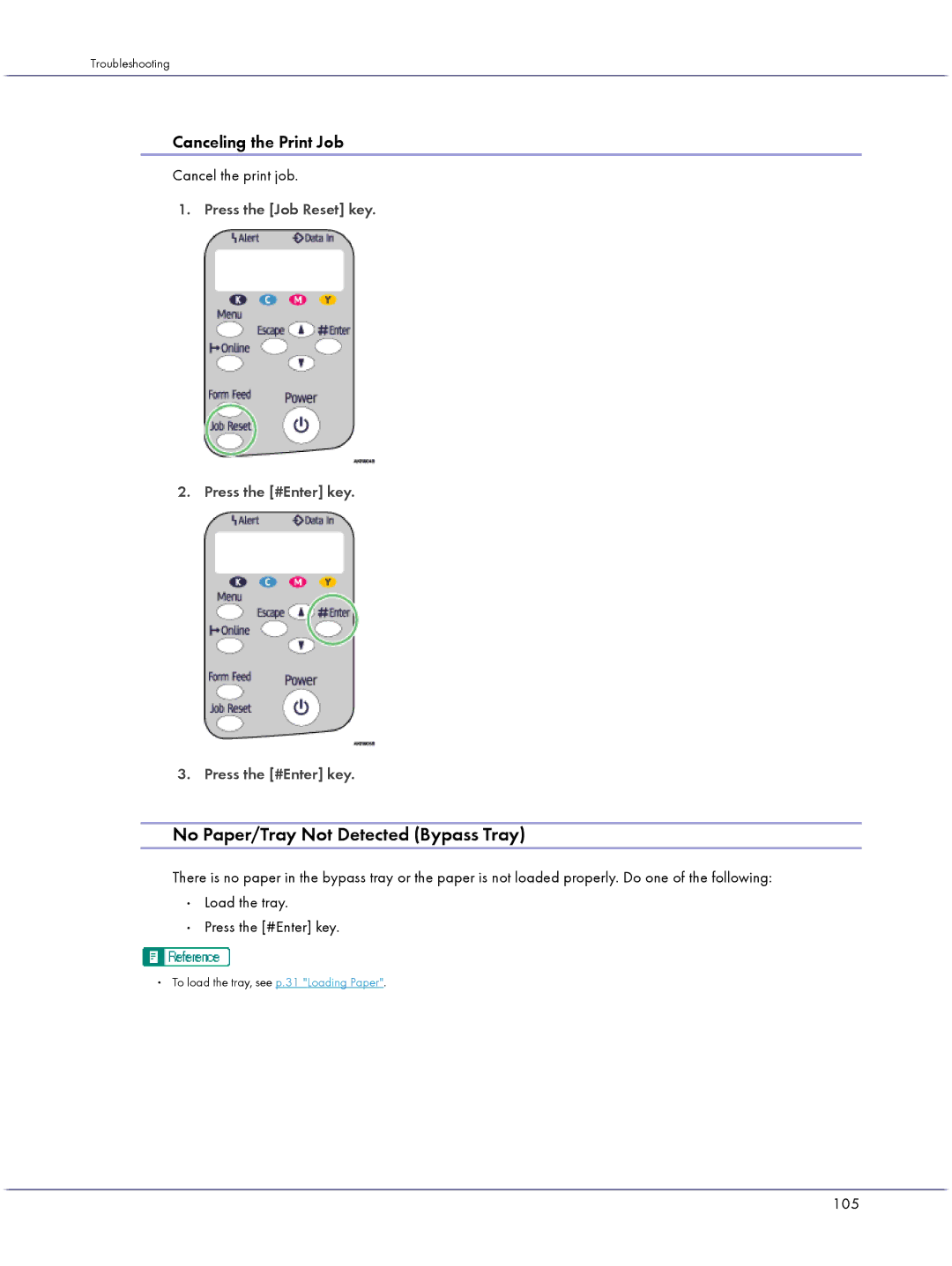 Lanier GX3050 manual No Paper/Tray Not Detected Bypass Tray, Canceling the Print Job, 105 